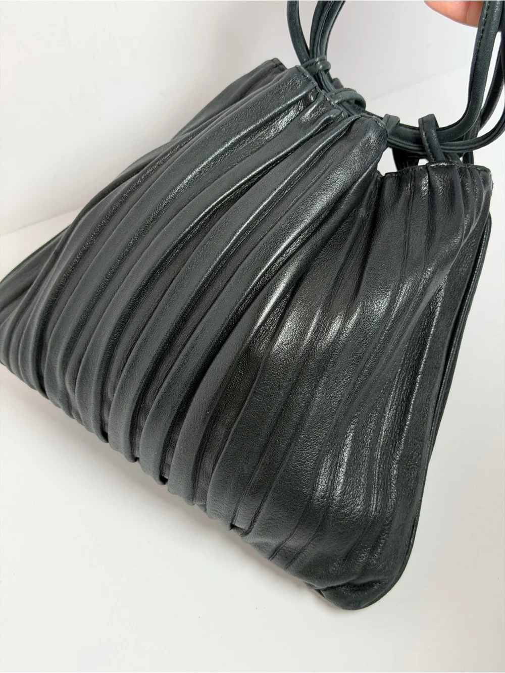 Giorgio Armani Drawstring Black Pleated Leather Bucket Bag